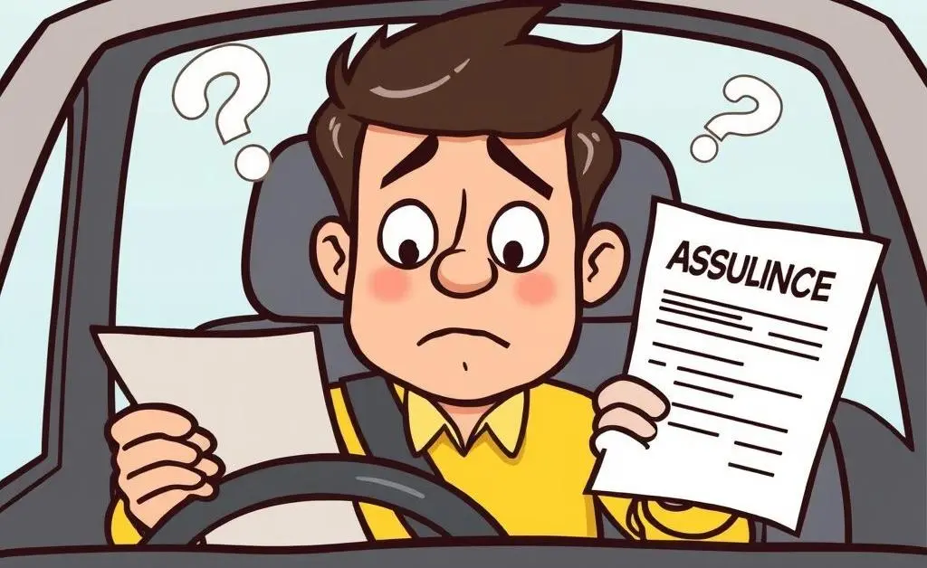 A cartoon of a confused driver holding an insurance policy.