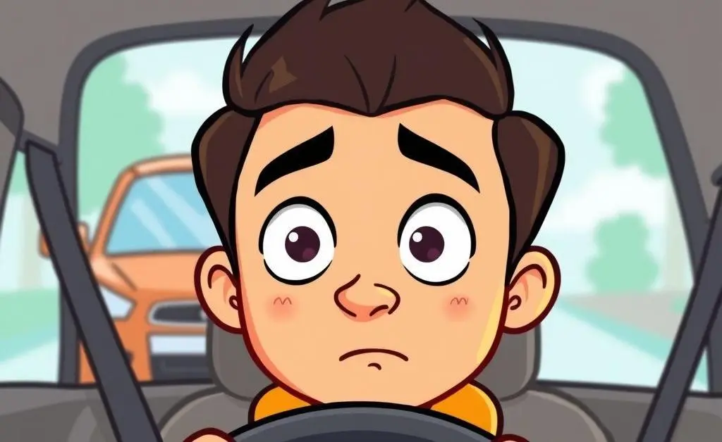 A cartoon-style depiction of a driver looking puzzled with a car in the background.