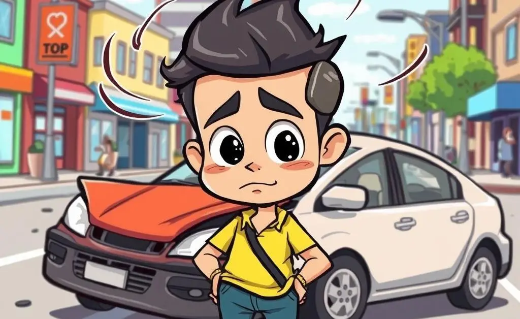 A cartoon-style image of a confused driver looking at a car accident scene, unsure about exchanging details.