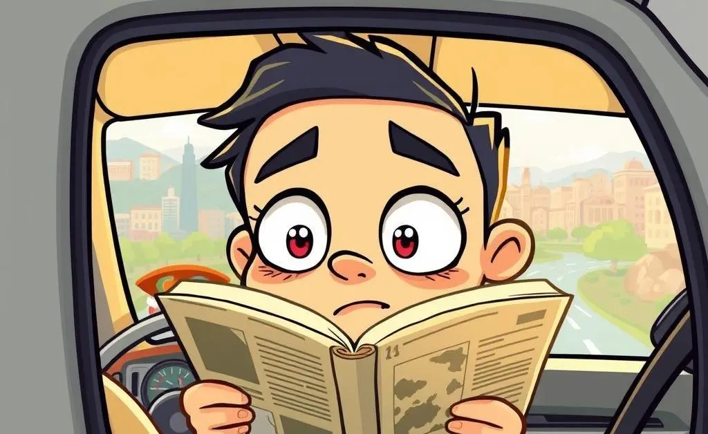 A confused driver looking at a guidebook.