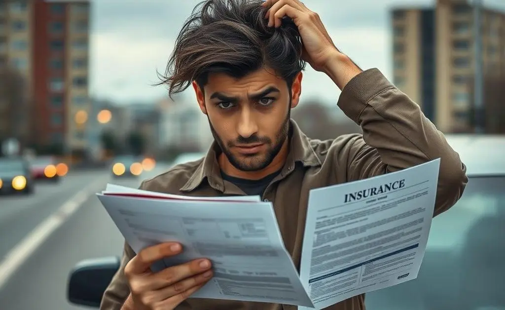 A confused driver holding an insurance policy and scratching their head.