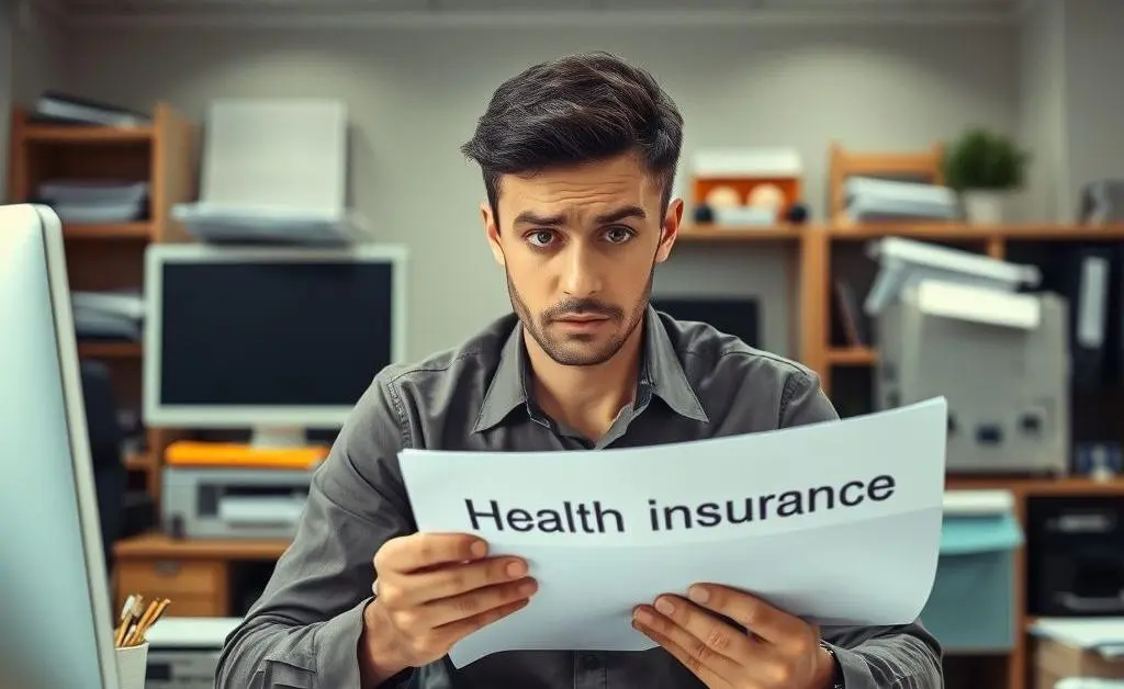 An employee sits at a desk, confused, looking at a pile of documents titled 'Health Insurance.'
