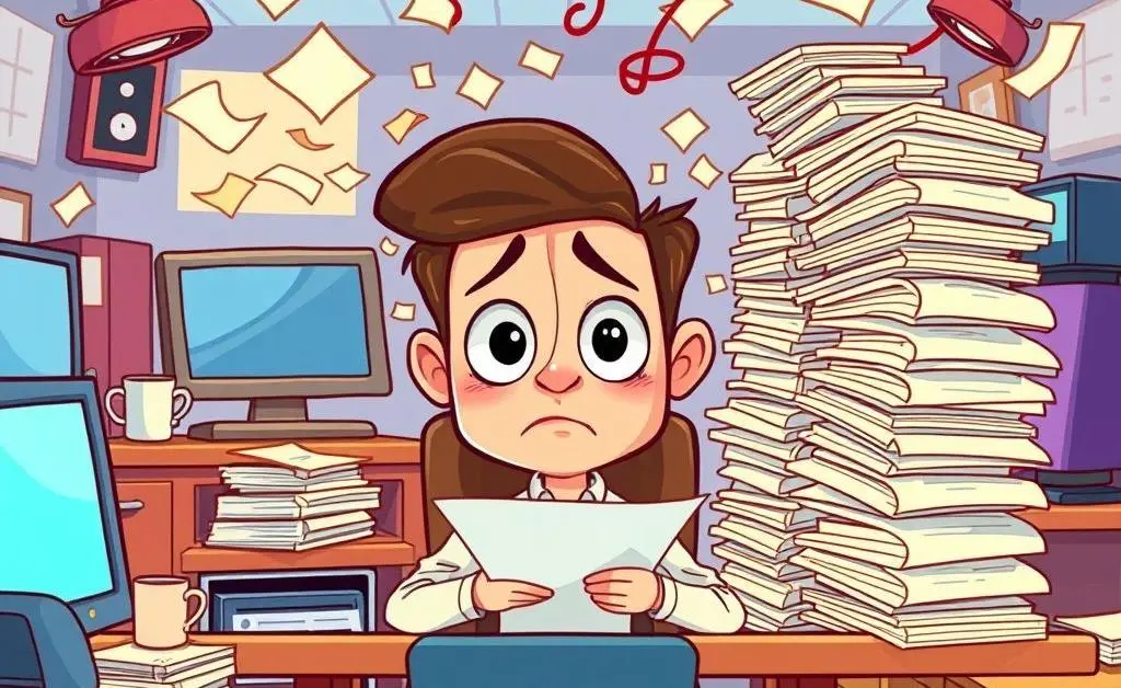 A cartoon-style image of a confused employee at a desk with stacks of paperwork.