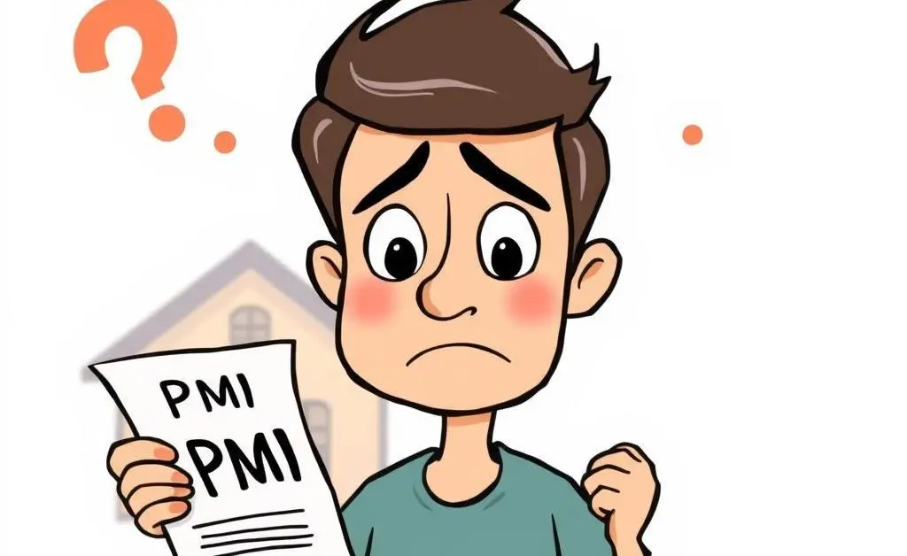 A cartoon of a confused first-time homebuyer holding a PMI paper.