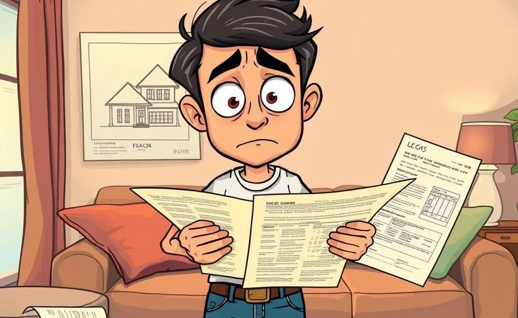 Cartoon of a confused homebuyer looking at complex mortgage documents.