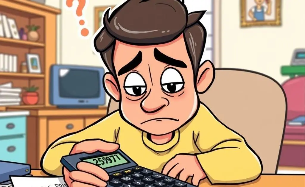 A cartoon-style confused homeowner looking at a calculator with a contract and pen nearby.