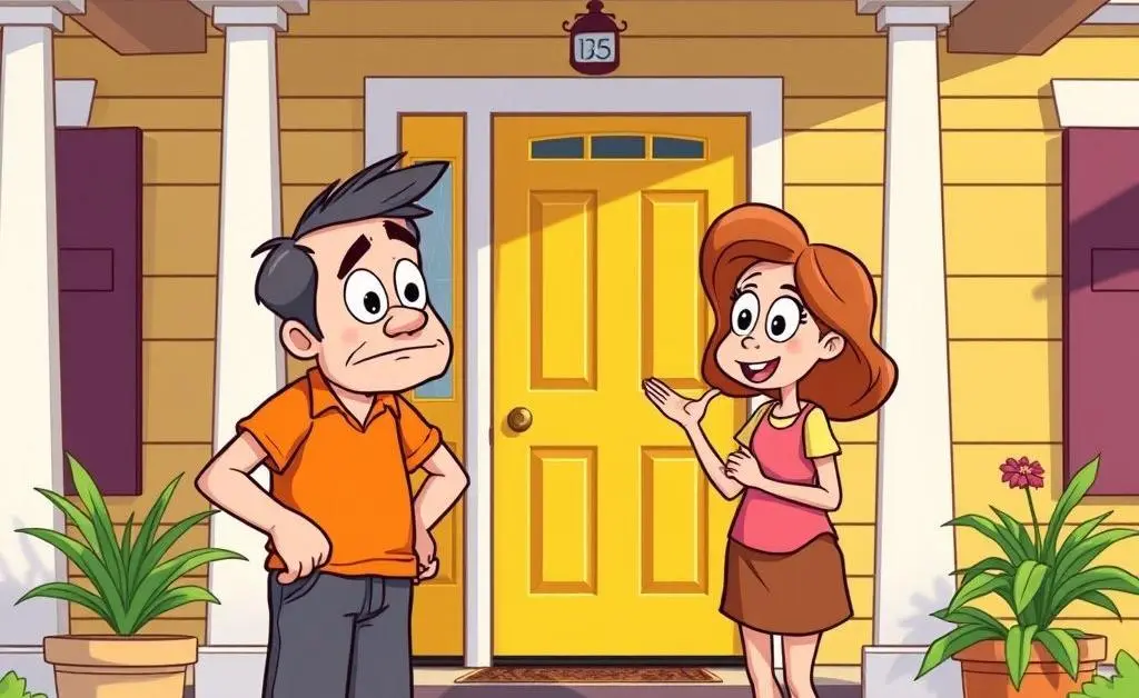 A cartoon-style image of a confused homeowner talking to a visitor on the doorstep
