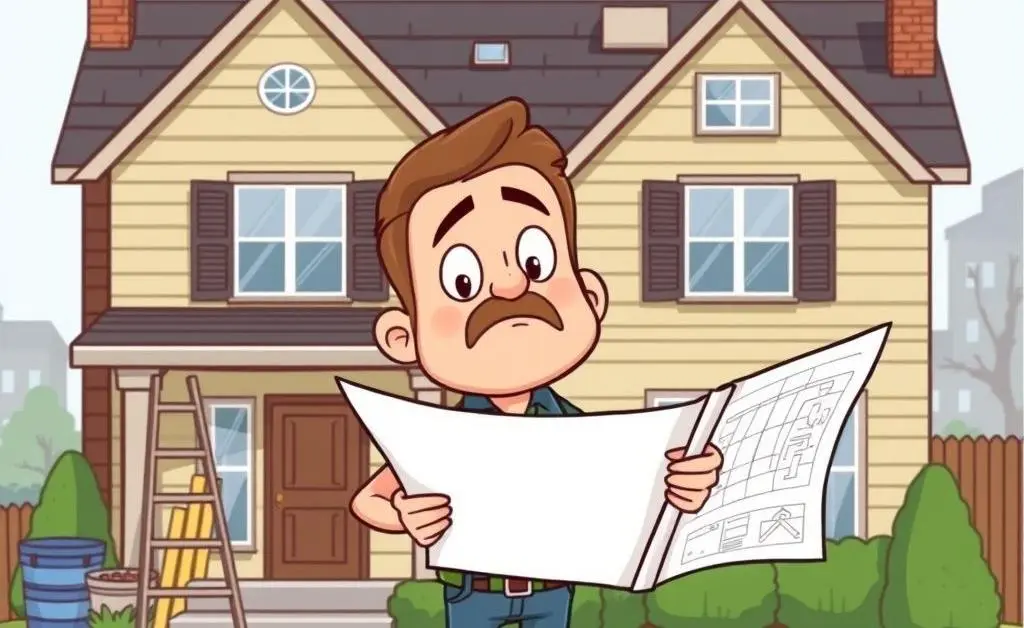 A confused homeowner holding blueprints in front of a house with a ladder and roofing materials.