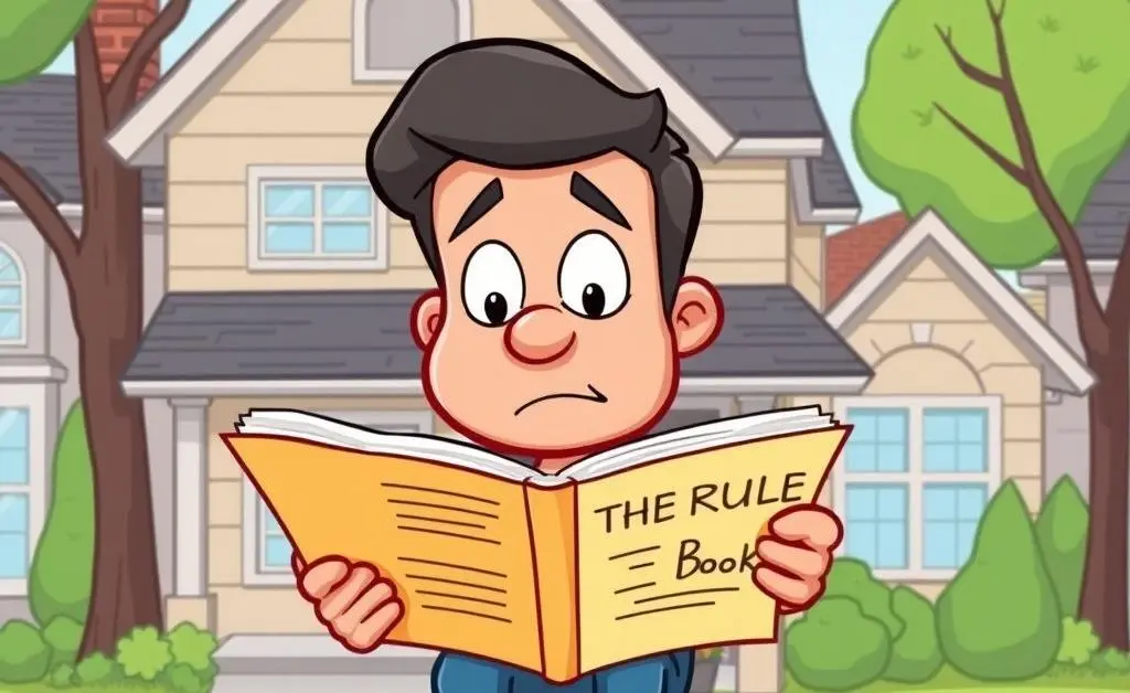 A cartoon-style confused homeowner reading a neighborhood rule book