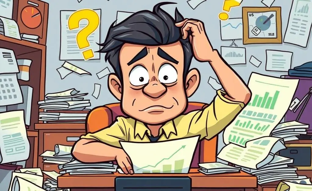 A cartoon-style image of a confused investor sitting at a desk with papers scattered and scratching their head.