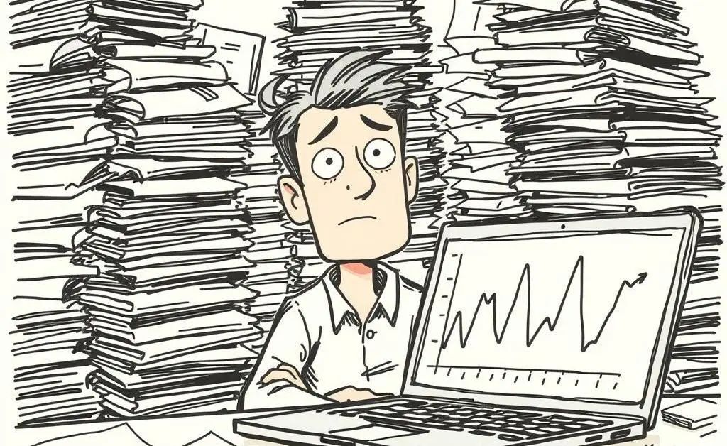 A confused person surrounded by piles of paper and a laptop with fluctuating graphs on the screen