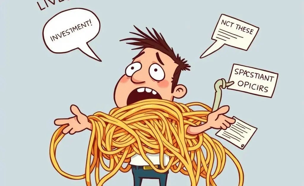 A playful cartoon showing a person struggling with tangled investment options like spaghetti.