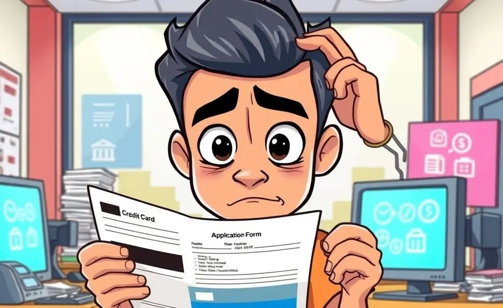 A confused person looking at a credit card application form.