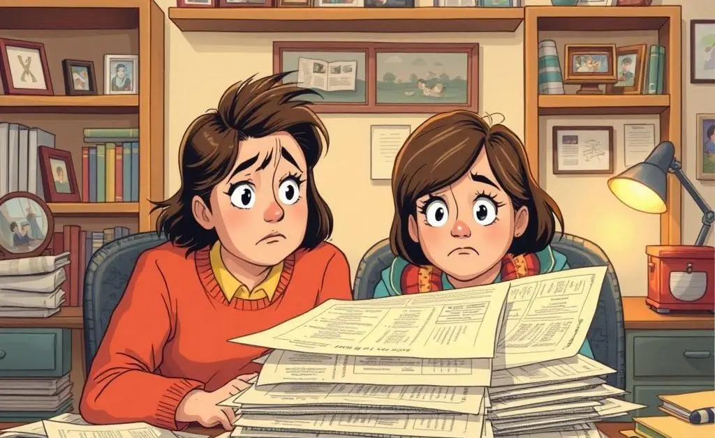Parents with confused expressions and insurance papers