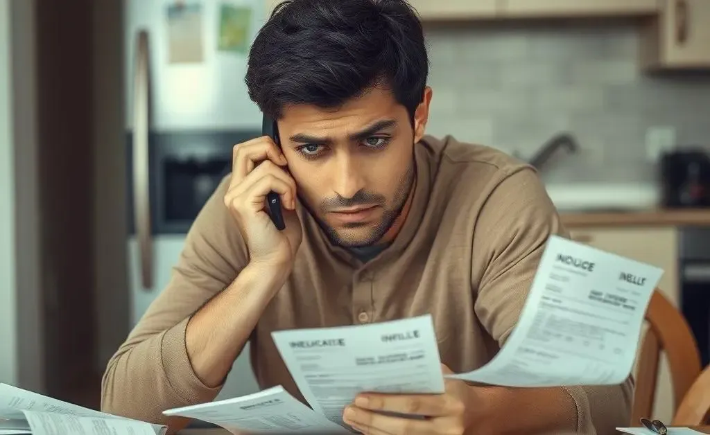 A person on the phone looking confused with medical bills spread out on the table.