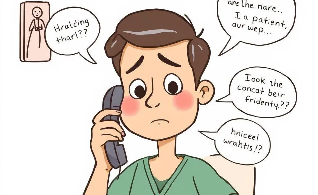A cartoon drawing of a patient on the phone, looking confused by medical explanations.