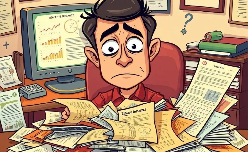 A cartoon of a confused person at their desk, surrounded by health insurance documents.