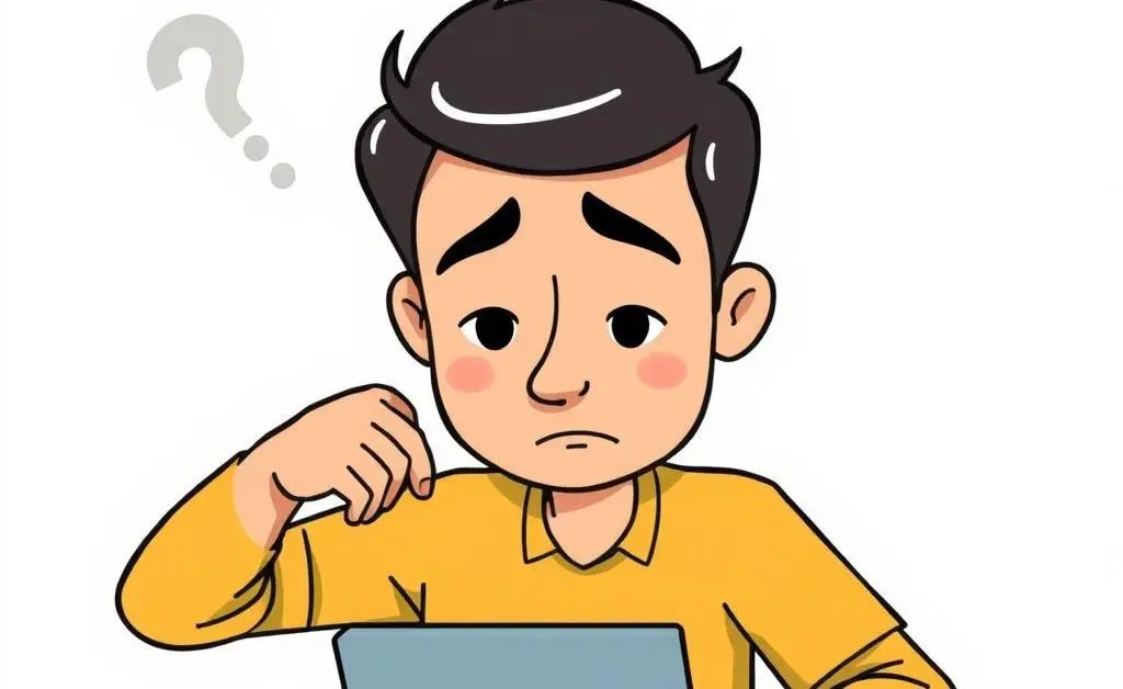 A cartoon-style person scratching their head while reviewing forms.