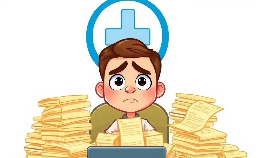 A puzzled person surrounded by medical bills and a hospital logo
