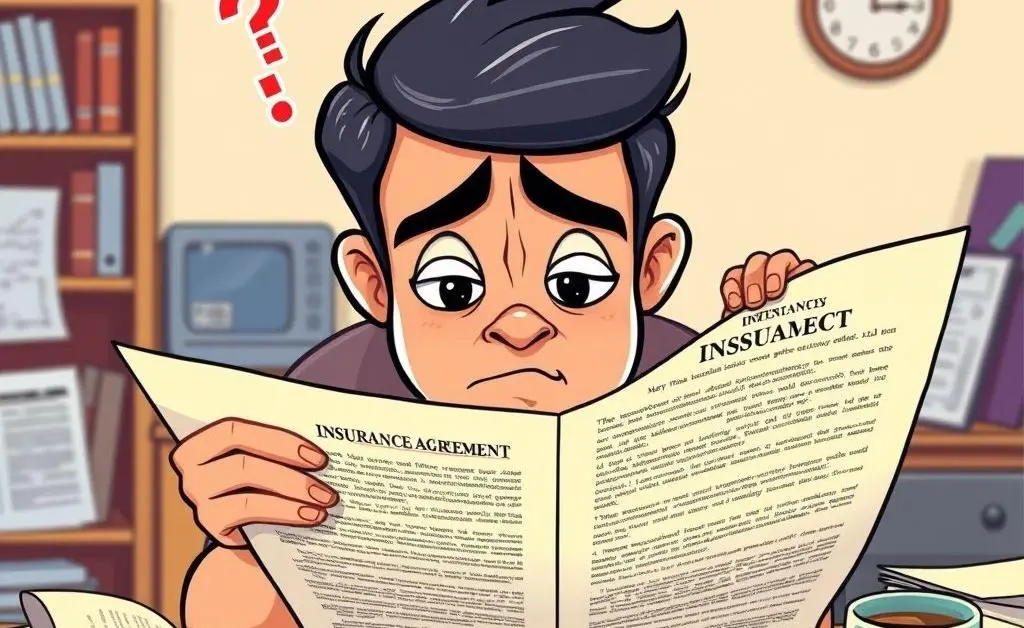 A cartoon-style image of a person looking confused while reading a long, complex insurance contract.