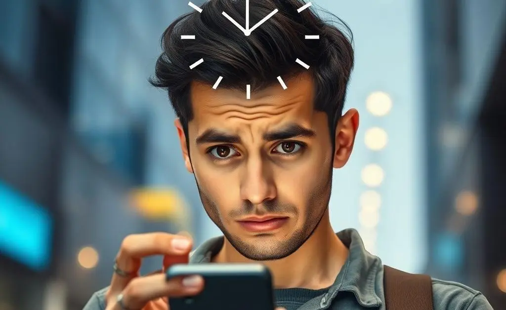 Confused person looking at their phone, with a clock icon above them