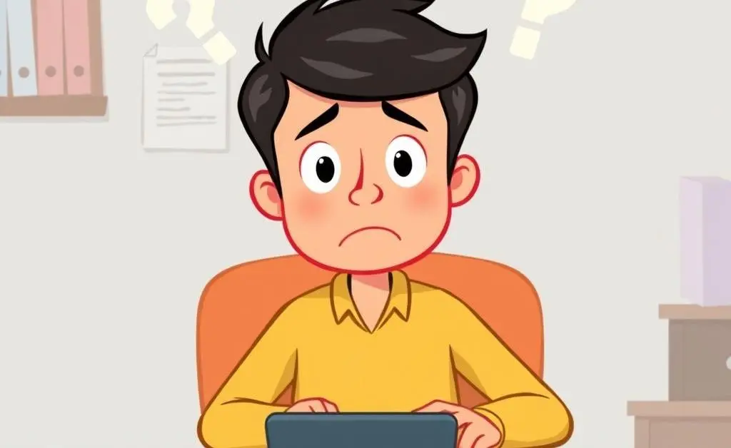 A cartoon person sitting at a desk looking confused with multiple credit cards around.