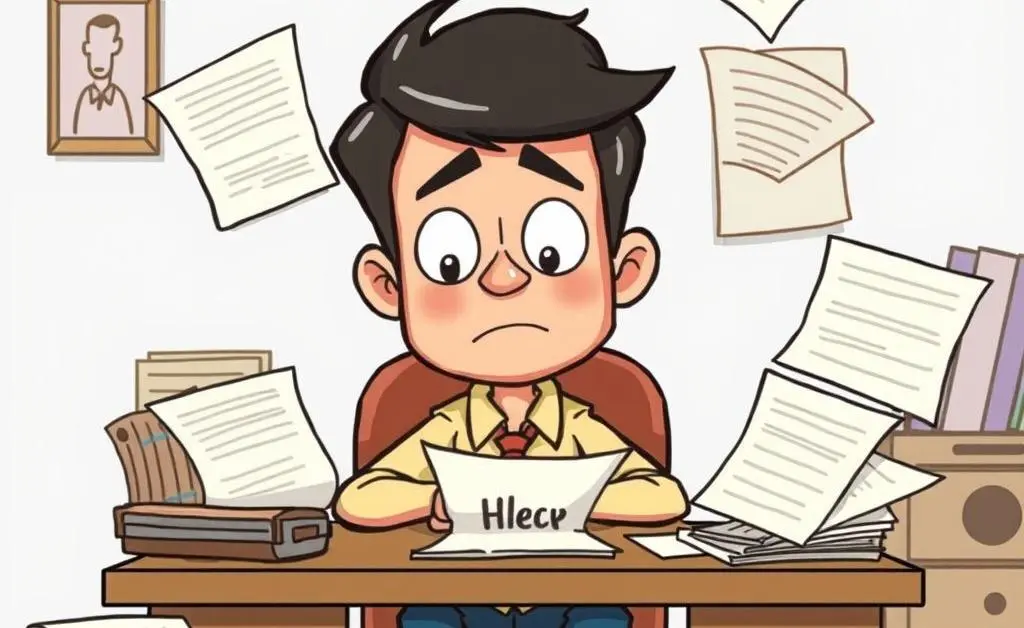 A person looking confused while sorting through papers on a desk.