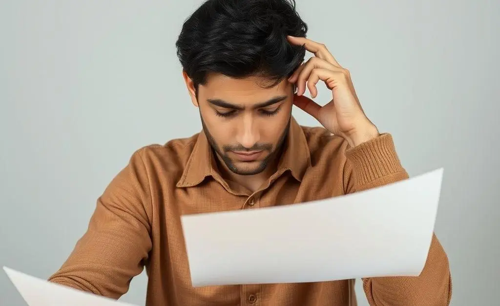 A person scratching their head while looking at multiple papers