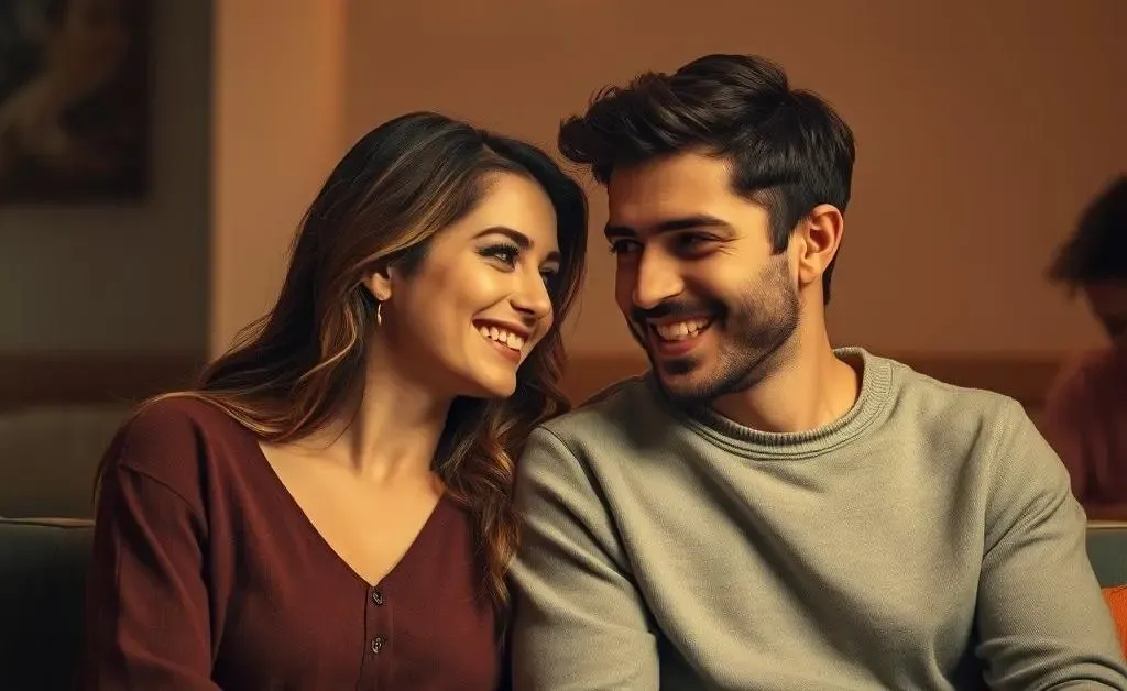 A couple sitting together, smiling and engaged in a meaningful discussion, suggesting deep connection
