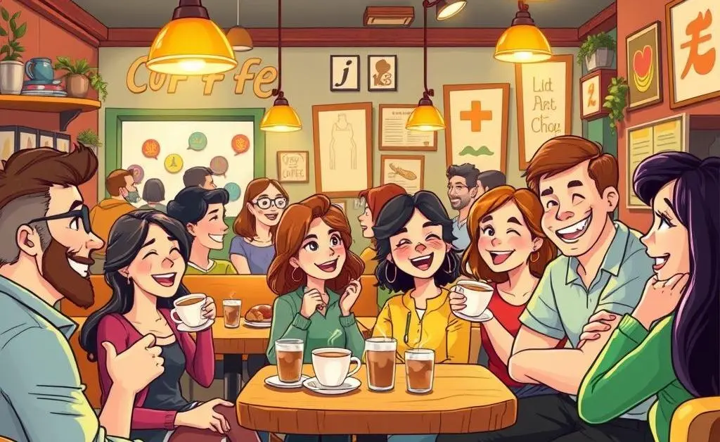 People connecting in a welcoming coffee shop, supporting each other through conversation.