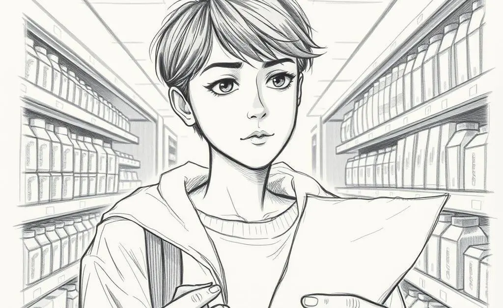 Person holding a shopping list and contemplating a purchase