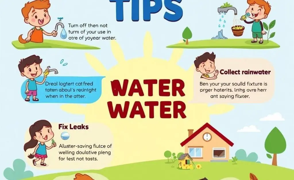 Cartoon-style infographic with water conservation tips.