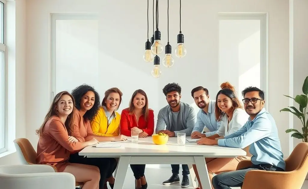 People brainstorming with light bulbs above their heads.
