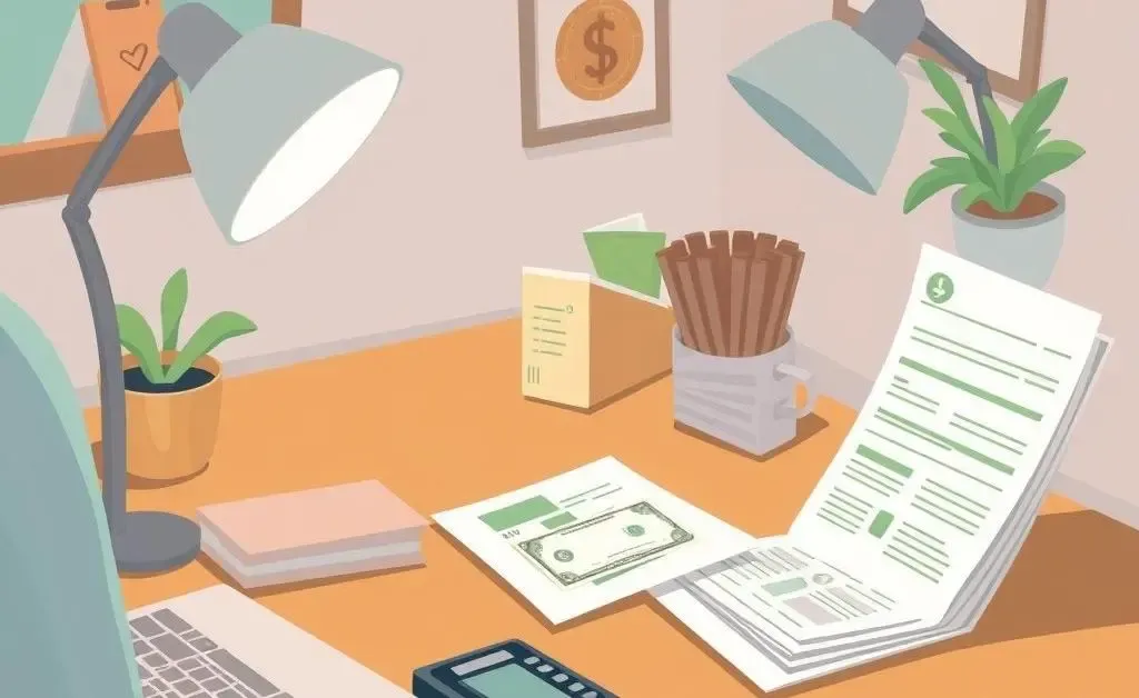 An illustration of a cozy home office with a laptop, bank statements, and a calculator on a desk.