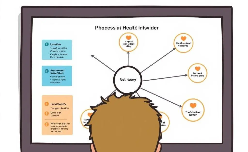 A cartoon of a person looking at a diagram of a health insurance provider network.