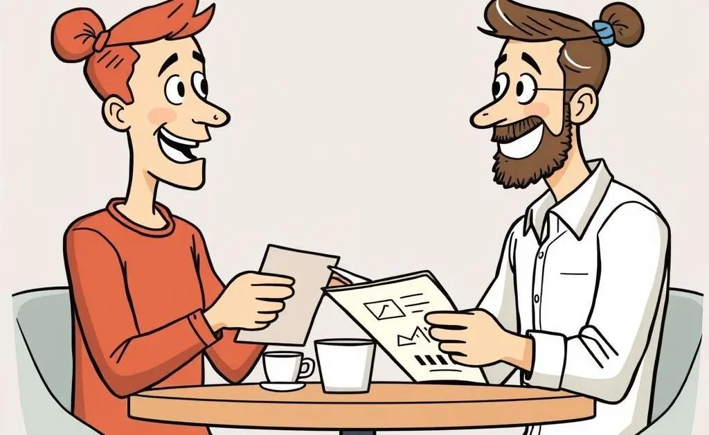 Cartoon of two people discussing a portfolio over coffee, looking engaged and open-minded