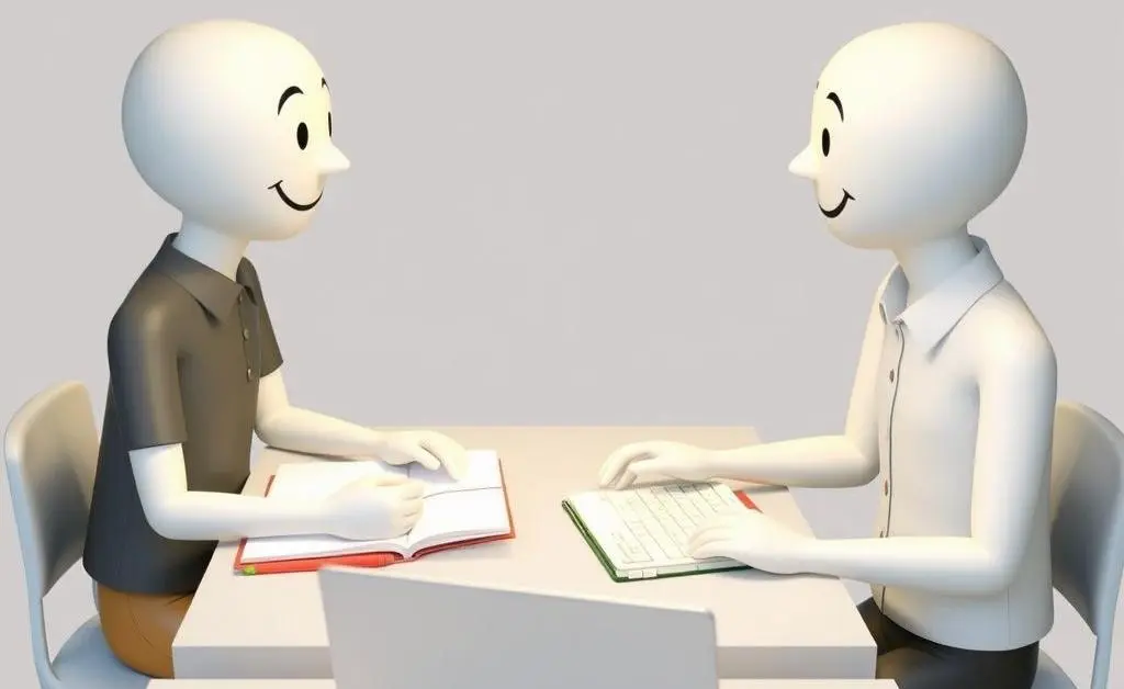Two friendly figures chatting over a table with open notebooks and a laptop.