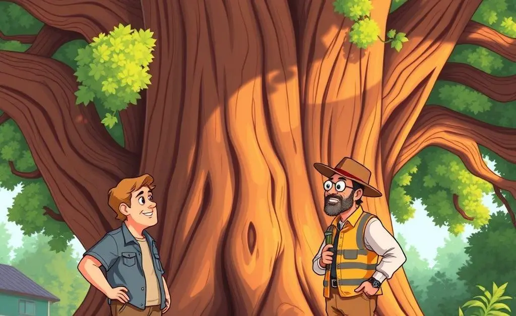 A homeowner consulting with a tree expert in their yard