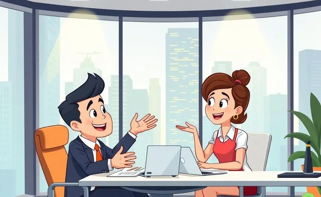 A friendly cartoon financial advisor giving advice to a couple in an office