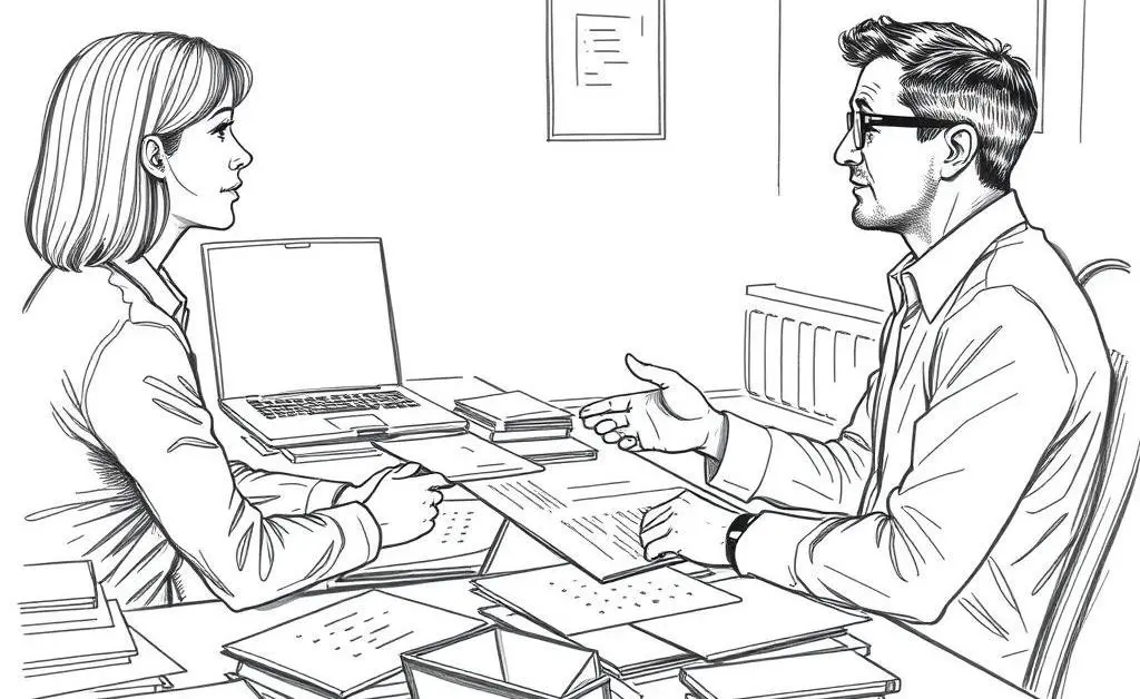 A hand-drawn illustration of a person consulting with an insurance expert.