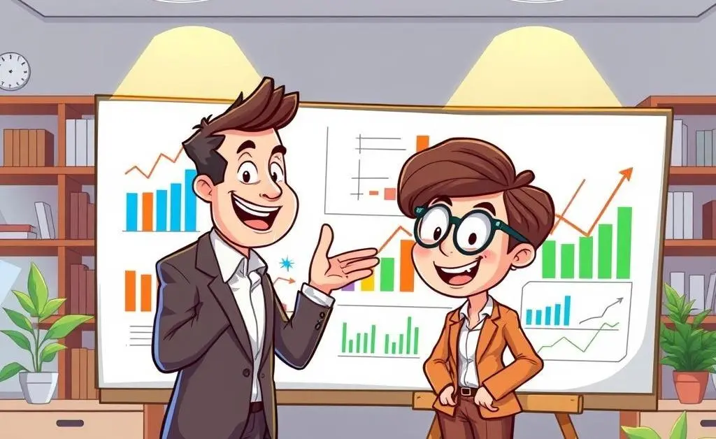 A friendly financial advisor giving advice to a client with a whiteboard display
