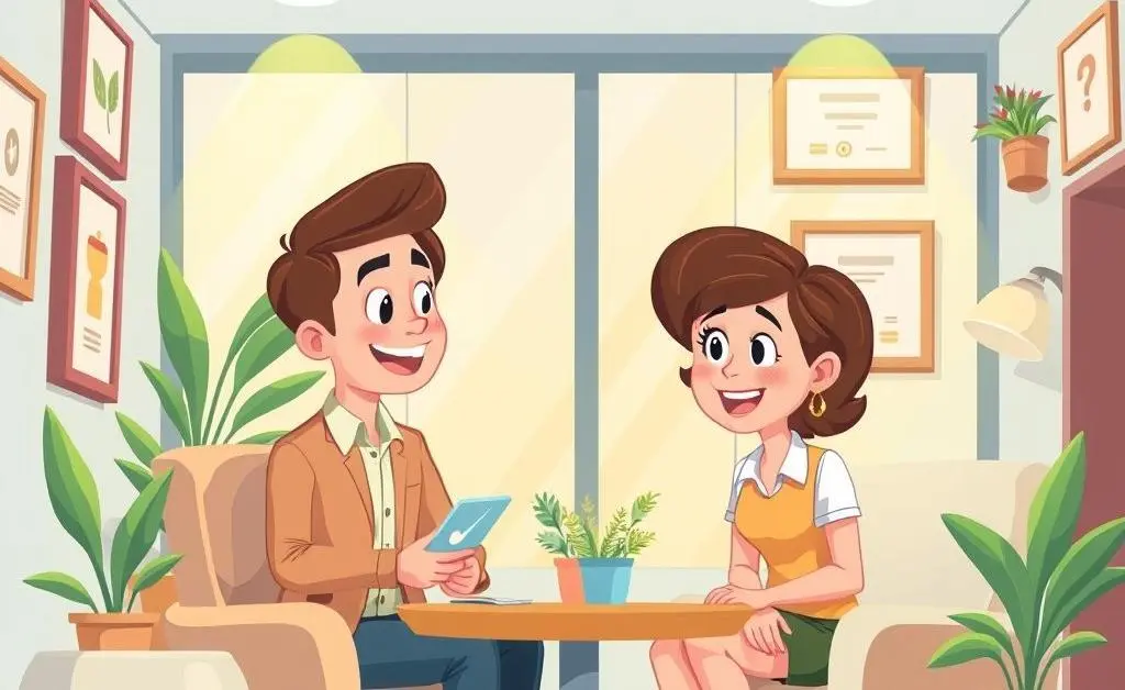 Friendly insurance agent talking to a client in an office environment
