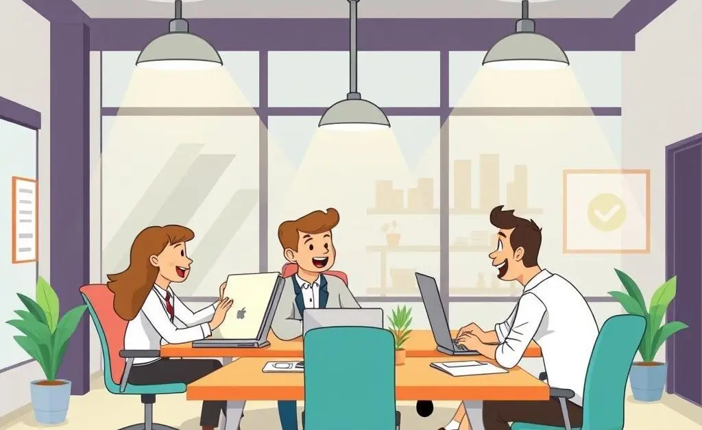 A dynamic consulting office space with people collaborating.