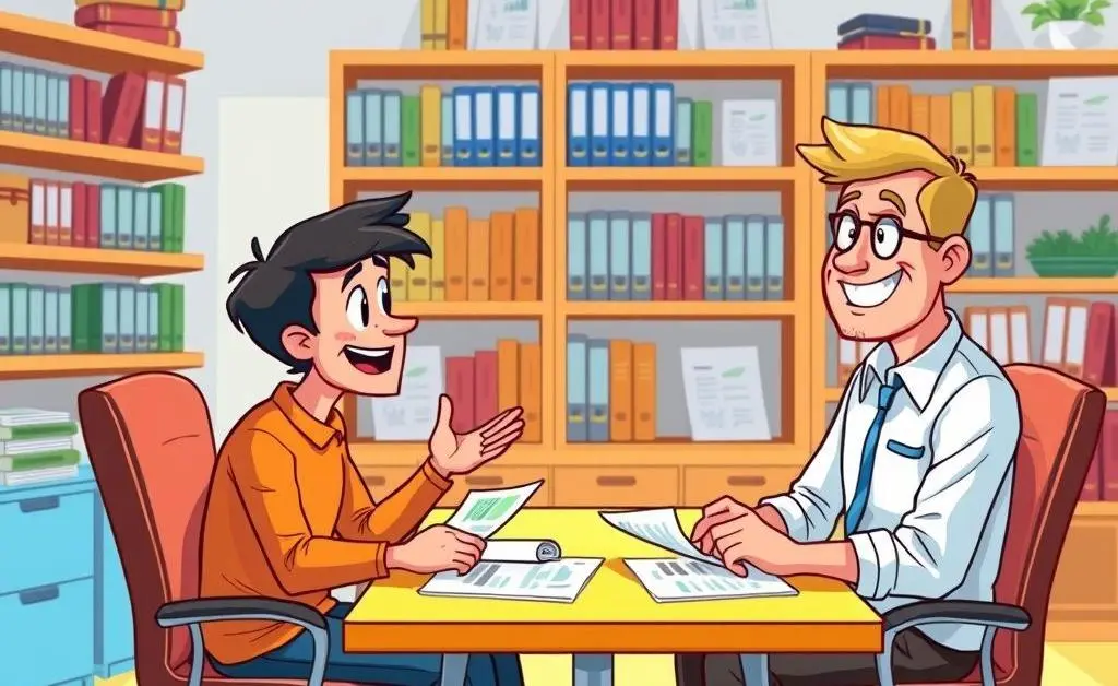 A cartoon-style image of a person sitting with a financial advisor, discussing papers and nodding.