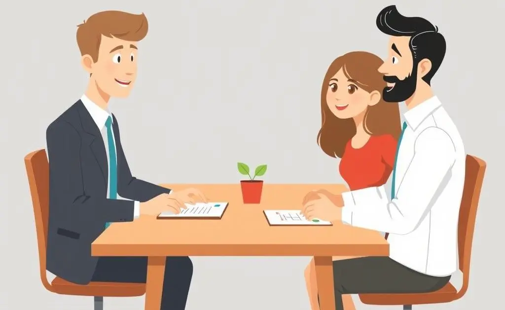 Illustration of a calm meeting between a mortgage advisor and a couple at a desk.