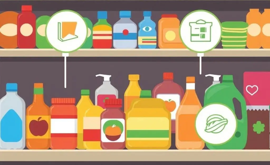 Illustration showing a diverse range of products on a grocery store shelf, highlighting consumer benefits from tariff eliminations.