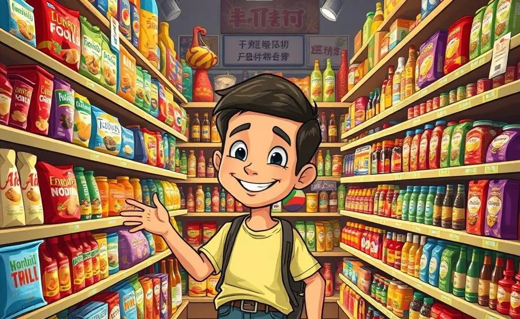 Cartoon of a shopper facing a wide variety of international products