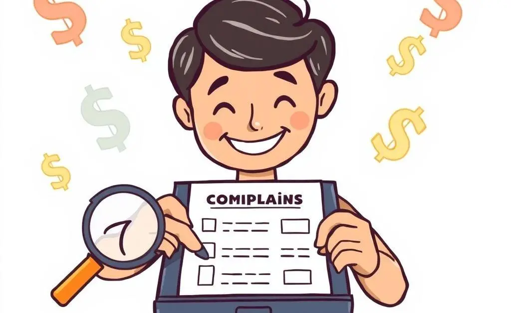 Person filling out a complaint form with financial symbols around.