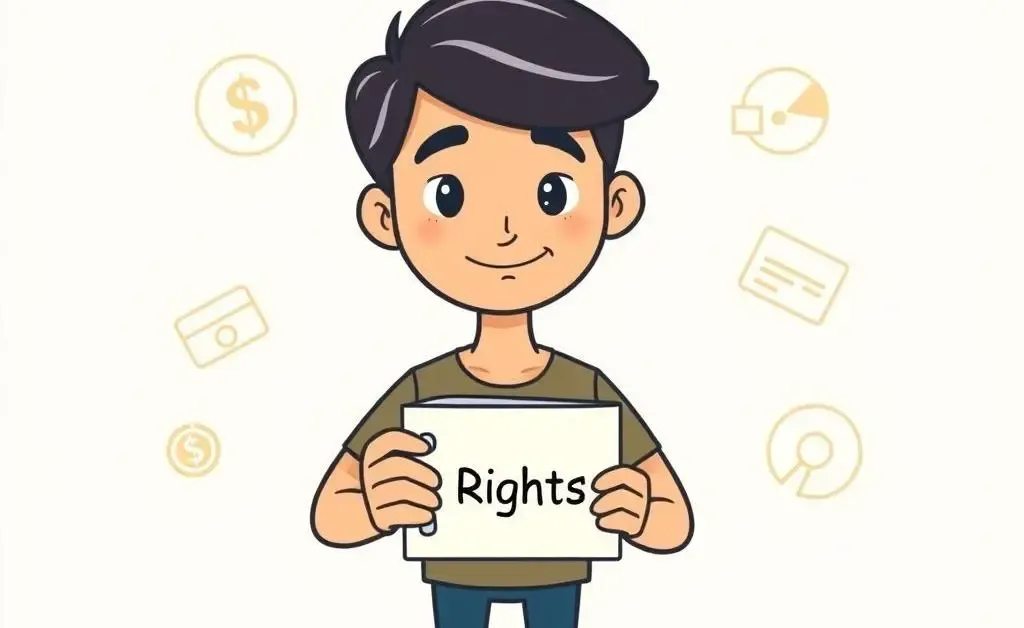 A minimalist cartoon of a consumer confidently holding a 'rights' booklet, with finance-related icons around.