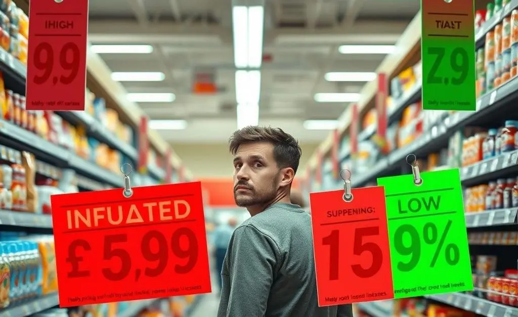 A shopper in a supermarket faced with high and low price tags clashing, symbolizing tariff effects on pricing